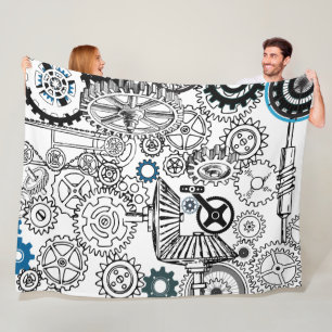 Blå Grått White Gears Steampunk Boys Decor Ull Fleecefilt