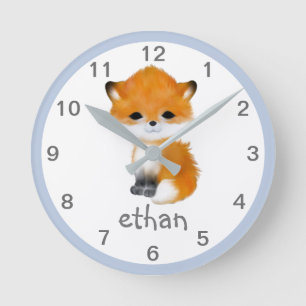 Blå Grått Woodland Animal Fox Nursery Wall Clock Rund Klocka
