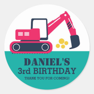 Blå grävmaskin - barn - Födelsedagsfest - påsar Runt Klistermärke