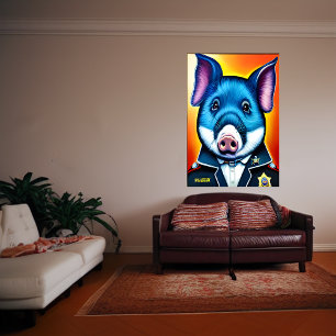 Blå gris i polisuniform AI Art Poster