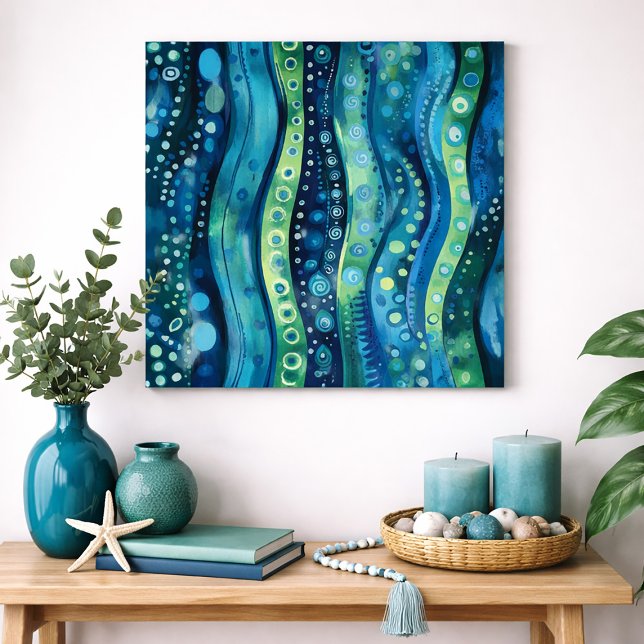 Blå Grön Abstrakt Våg Akvarell Väggkonst (Blue and green abstract boho waves)