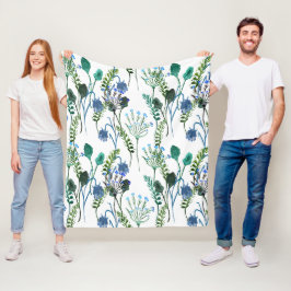 Blå Grön Akvarell Vildblomma Fleecefilt