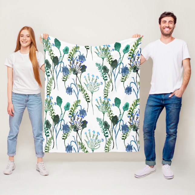 Blå Grön Akvarell Vildblomma  Fleecefilt (På plats)