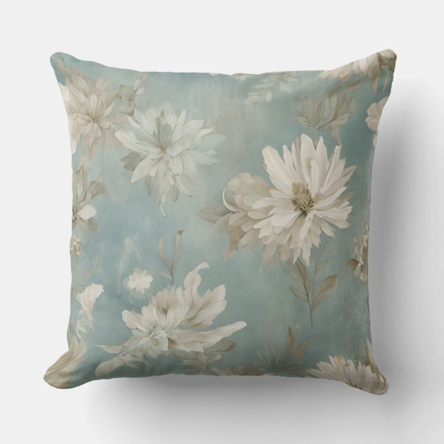 Blå Grön Beige Abstrakt Akvarell Blommig Tryck Kudde (Framsida)