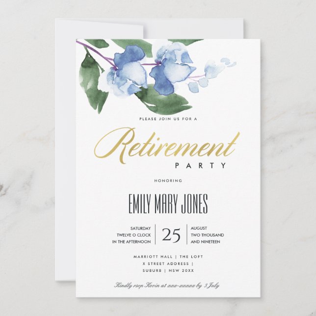 BLÅ GRÖN BLÄCK TVÄTT AKVARELL BLOMSTER PENSIONERIN INBJUDNINGAR (Framsida)