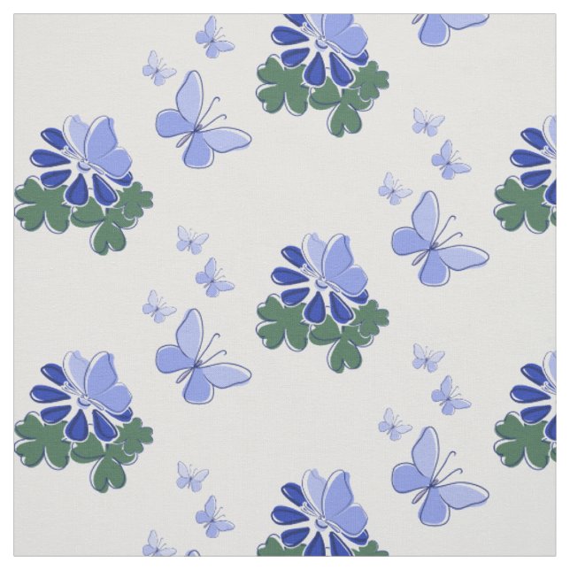 Blå Grön Blomma Fjäril Krafs Tyg (Provkarta)
