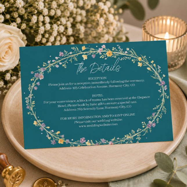 Blå Grön Blommig Bröllopsdetaljer Inneslutande Kor OSA Kort (Skapare uppladdad)