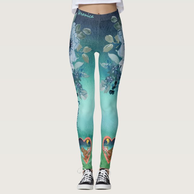 Blå Grön Blommig  Leggings (Framsida)