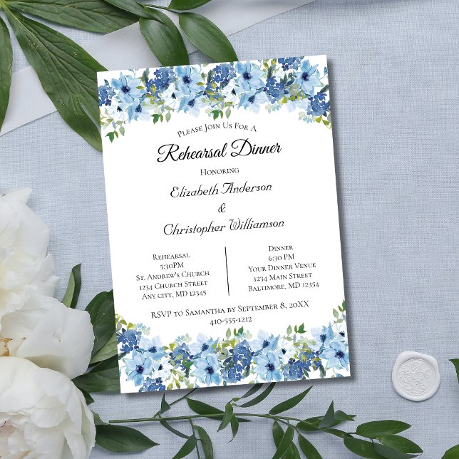 Blå Grön Boho Akvarell Blommig Övningsmiddag Inbjudningar (Blue Watercolor Floral Wedding Rehearsal Dinner Invitation. Printed or Digital Instant download)