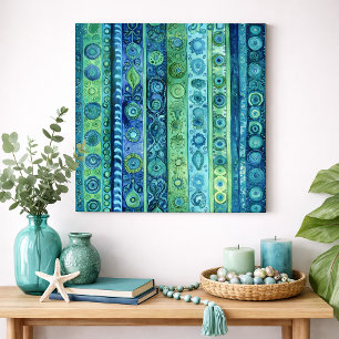 Blå Grön Boho Rand Vattenfärg Väggkonst
