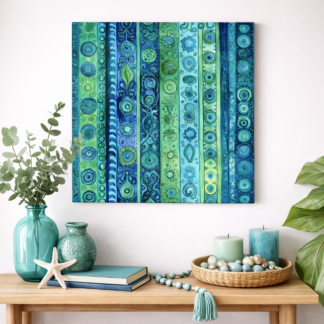 Blå Grön Boho Rand Vattenfärg Väggkonst (Blue and green boho-inspired. wall art)