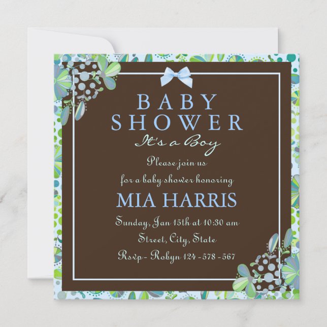 Blå & Grön Frodig Blommig Baby Shower Inbjudan (Framsida)