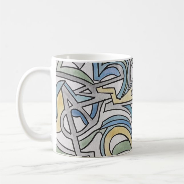 Blå Grön Gul Gitter-Handmålad Abstrakt Kaffemugg (Vänster)