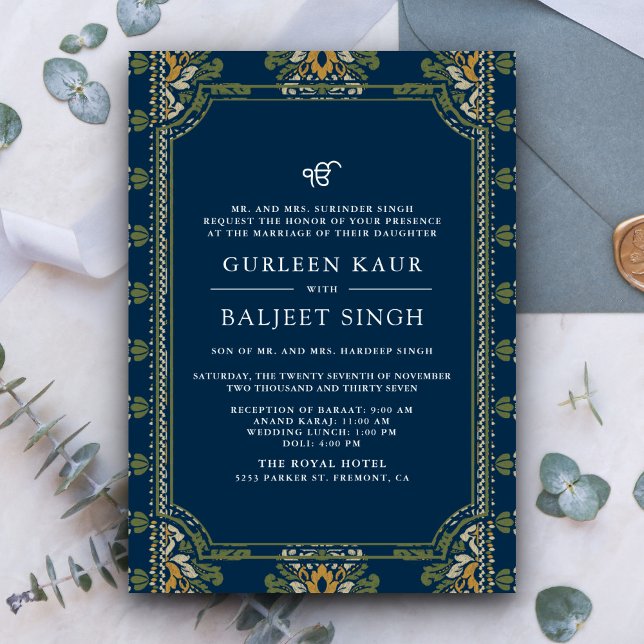 Blå Grön Gul  Ikat Anand Karaj Sikh Bröllop Inbjudningar (Skapare uppladdad)