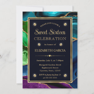 Blå, Grön & Guld Glitter Agate Sweet Sixteen Inbjudningar