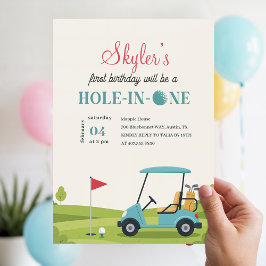 Blå Grön Hål-i-ett Golf Barn Första Födelsedag Inbjudningar