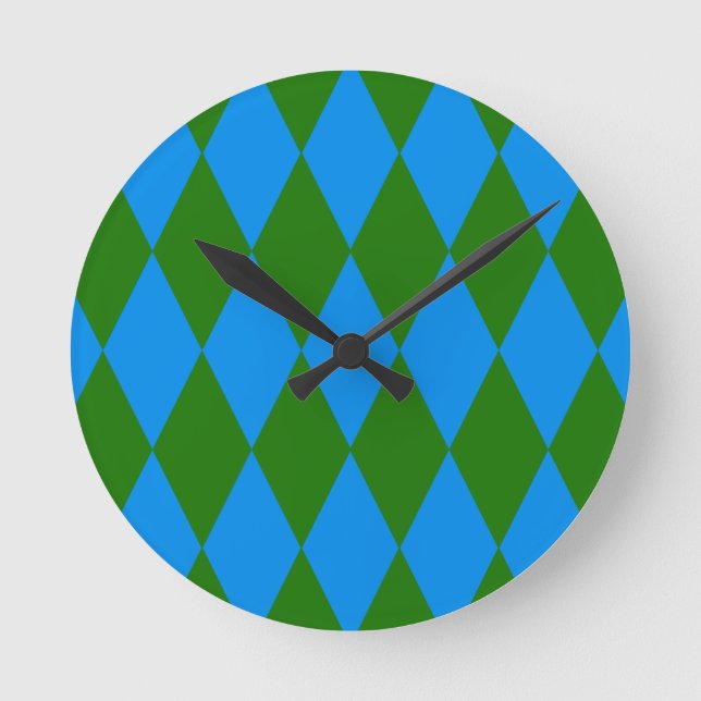 Blå Grön Harlekin Rutig Design  Rund Klocka (Framsida)