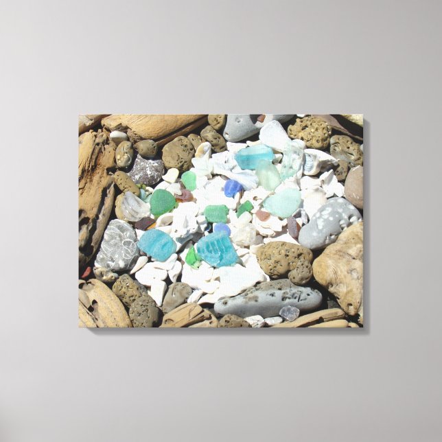 Blå Grön Havsglas Ocean Driftwood Fossiler Skal Canvastryck (Framsida)