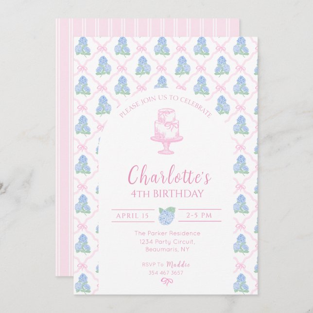 Blå Grön Hortensia Rosa Båge Trädgallret Inbjudningar (Fram/baksida)