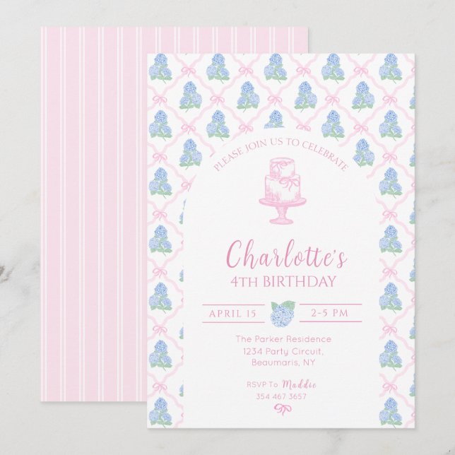 Blå Grön Hortensia Rosa Band Trädgallret Inbjudningar (Fram/baksida)