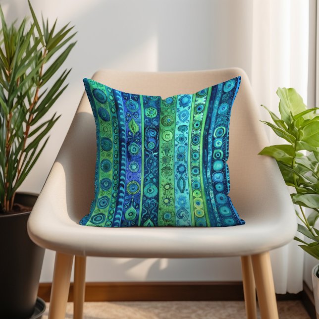 Blå Grön Konstnärlig Boho Randig Kudde (Blue Green Artistic Boho Striped Throw Pillow)