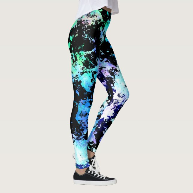 Blå Grön Lila Målarfärg Stänk Abstrakt Leggings (Höger)
