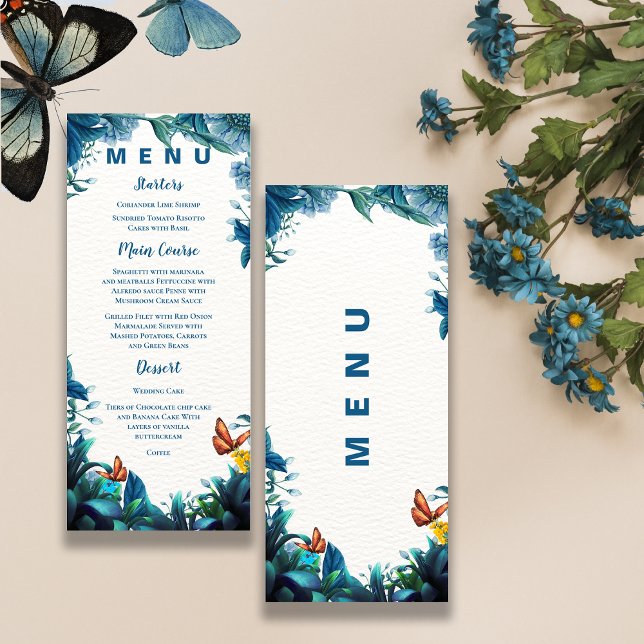 Blå Grön Lövverk Fjäril Mottagning Middag  Meny (Blue Green Foliage Butterfly Reception Dinner Menu)