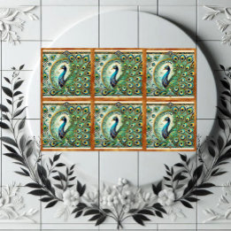 Blå Grön Majestätisk Påfågel Gyllene Fjädrar Motiv Kakelplatta
