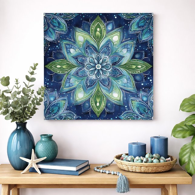Blå Grön Mandala Blommig Akvarellkonst Poster (Blue and green mandala art print)