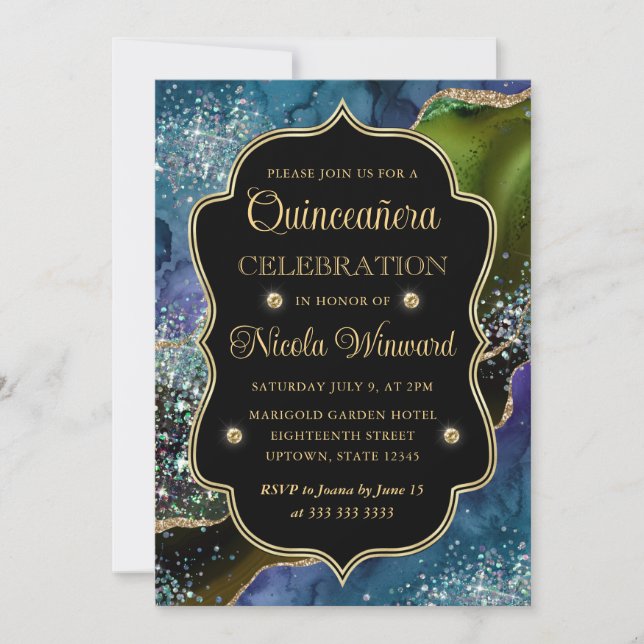 Blå, Grön och Guld Glitter Agat Quinceanera Inbjudningar (Framsida)
