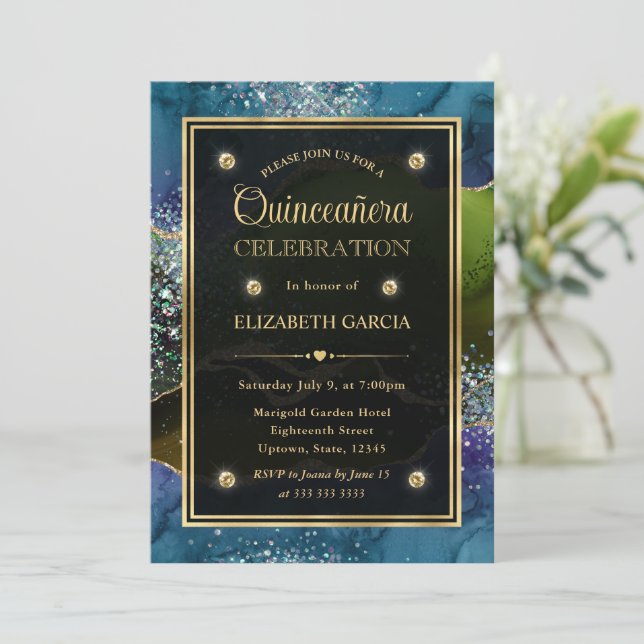 Blå, Grön och Guld Glitter Agate Quinceanera Inbjudningar (Stående Fram)