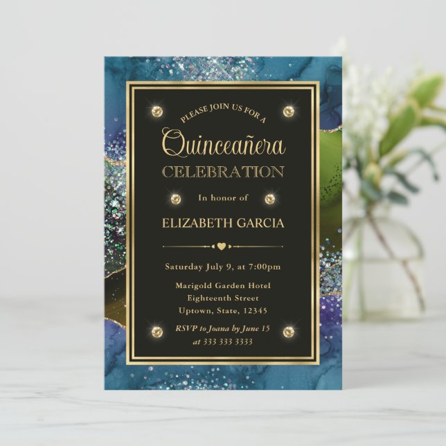 Blå, Grön och Guld Glitter Agate Quinceanera Inbjudningar (Stående Fram)