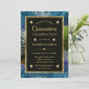 Blå, Grön och Guld Glitter Agate Quinceanera Inbjudningar
