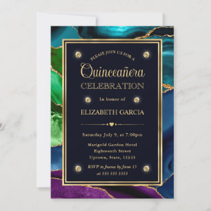 Blå, Grön och Guld Glitter Agate Quinceanera Inbjudningar