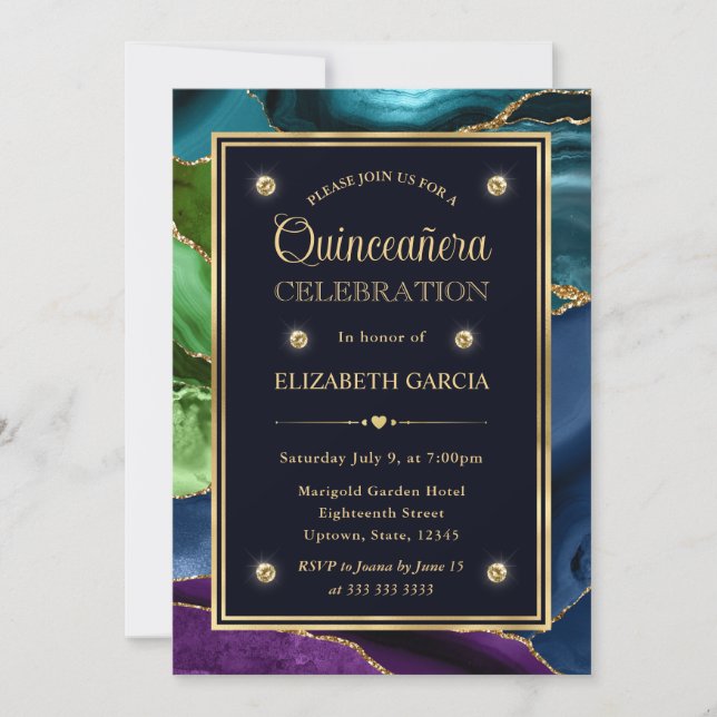 Blå, Grön och Guld Glitter Agate Quinceanera Inbjudningar (Framsida)