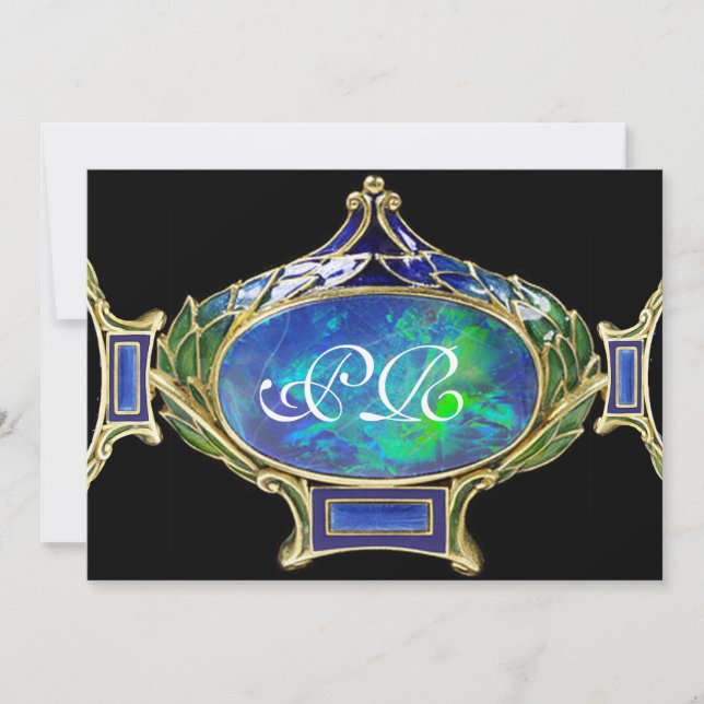 BLÅ GRÖN OPAL, ART NOUVEAU GULD JUVAL MONOGRAM INBJUDNINGAR (Framsida)