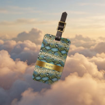 Blå Grön Ormhud Läder Guld Metall Monogram