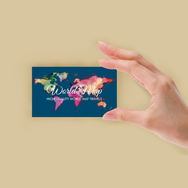 Blå Grön Retro Färgrik Vattenfärg Världskarta Visitkort (Blue Green Retro Colorful Watercolor World Map Business Card)