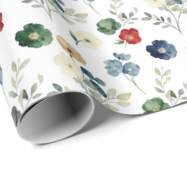 Blå Grön Röd Blommig Akvarell  Presentpapper (Rullad Hörn)