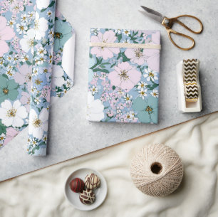Blå Grön Rosa Ditsy Blomma Boho 70-tal Vintage Presentpapper
