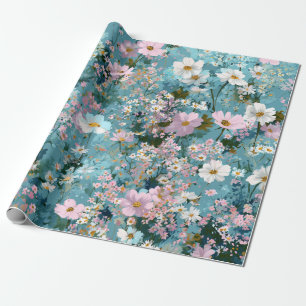 Blå Grön Rosa Ditsy Blomma Boho 70-tal Vintage Presentpapper