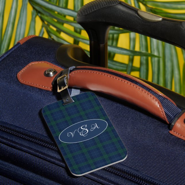 Blå Grön Rutig Monogram Personlig Bagagebricka (Framsida Insitu 1)