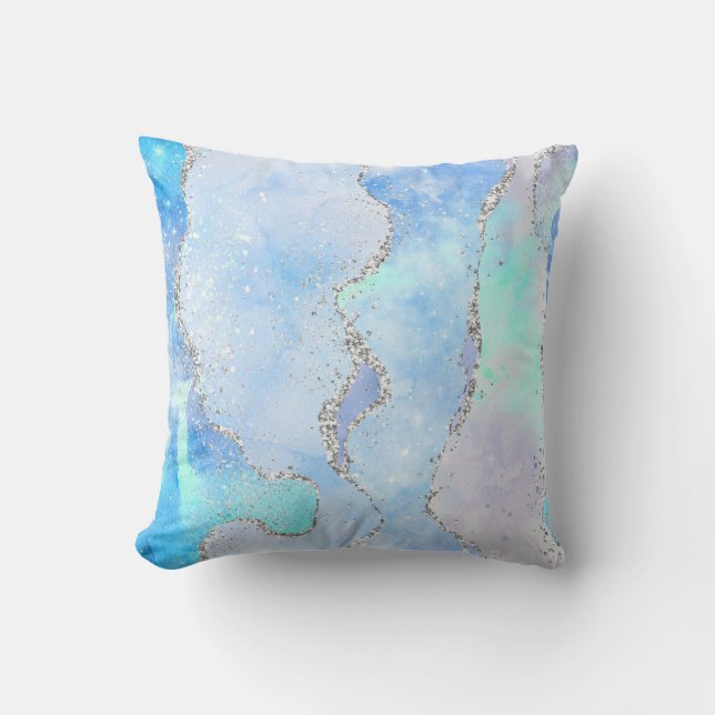 Blå Grön Silver Glitter Marmor Virvel Agat Kudde (Framsida)