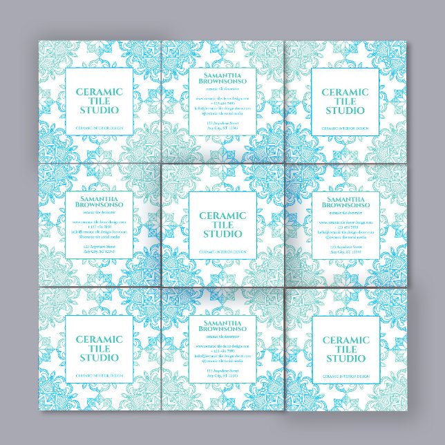 Blå Grön Sömlös Mosaikstygnsmönster Fyrkantigt Visitkort (Blue Green Seamless Mosaic Stitch Pattern Square Business Card)
