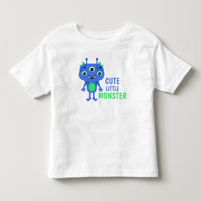 Blå Grön Söt Liten 3-Ögonad Monster Barn T Shirt (Framsida)