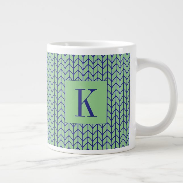 BLÅ GRÖN STICKAD Stor Vit Mugg + Initial Jumbo Mugg (Höger)