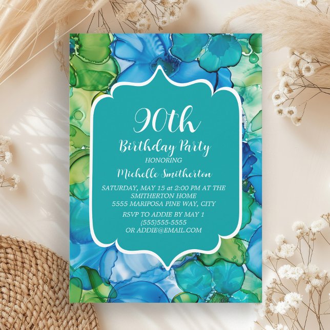 Blå Grön Teal Akvarell 90-årsdag Inbjudningar (Blue and green alcohol ink 90th birthday party invitation)