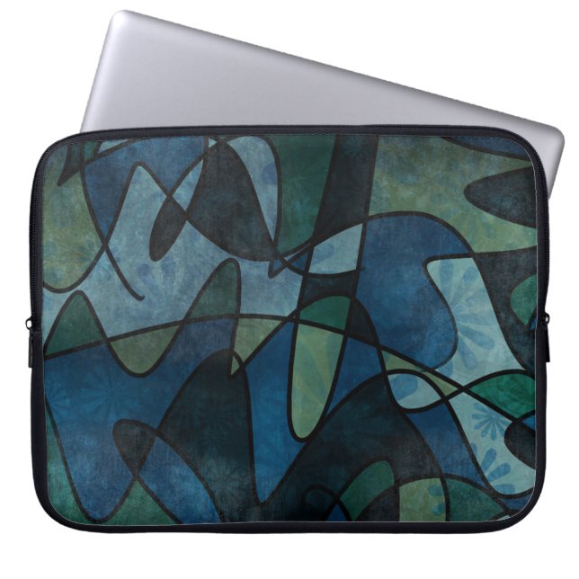 Blå Grön Teal Digital Glasmosaik Abstrakt Konst Laptop Sleeve (Framsidan)