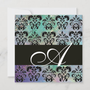 BLÅ GRÖN TEAL SVART DAMASK MONOGRAM , vit Inbjudningar