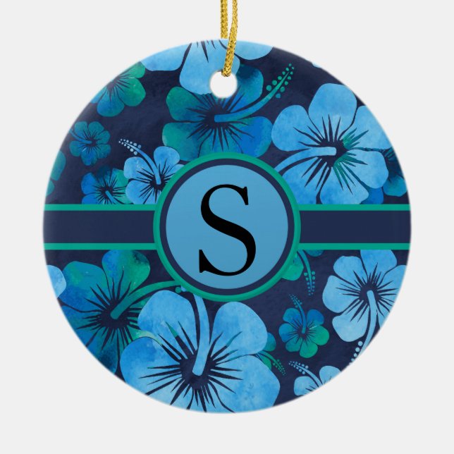 Blå Grön Tropisk Hibiskus Blommig Monogram Julgransprydnad Keramik (Framsidan)